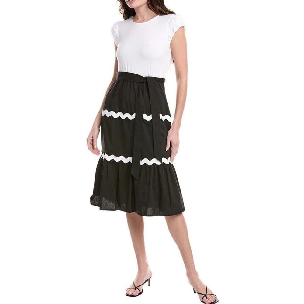 Nanette Lepore Flutter Sleeve Smocked Midi Dress Black‎ White 6 NWT Peasant Boho